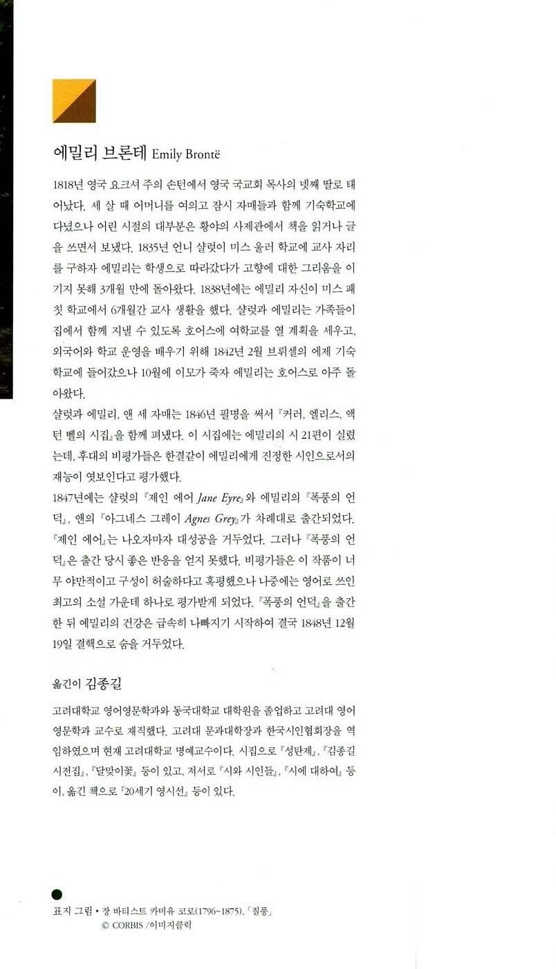 Author introduction page of Emily Brontë in the Korean edition of Wuthering Heights, including biographical information in Korean.